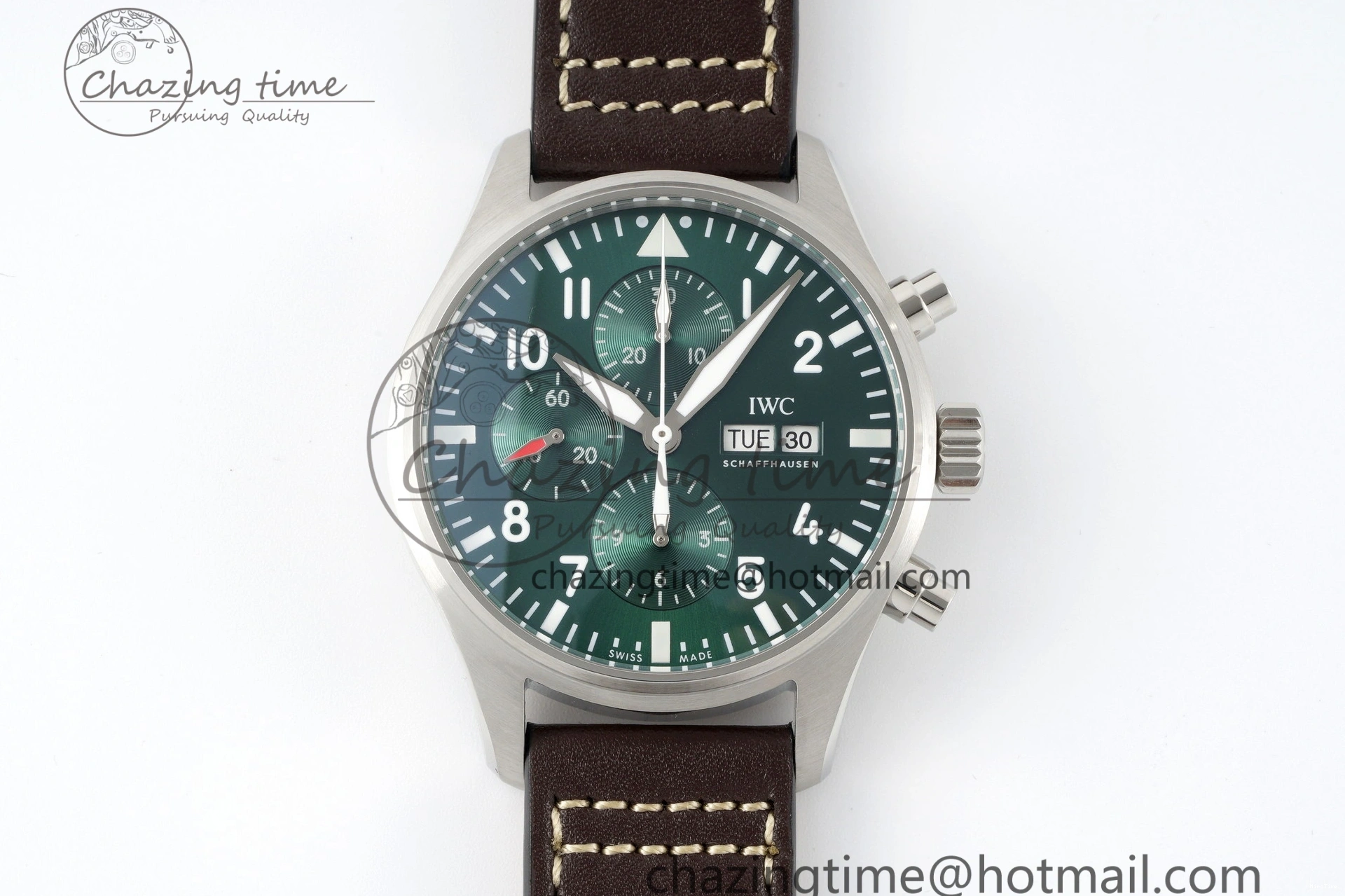 MIROTIME 0319 Bright Pilot Chrono SS AZF 1:1 Best Edition Green Dial on Brown Leather Strap A 7059